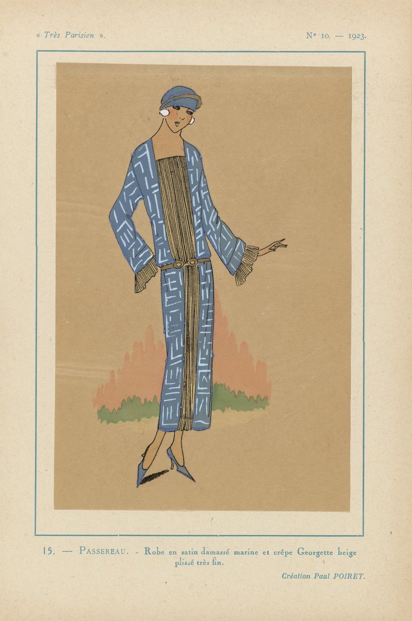 Meget parisisk, 1923, nr. 10: 15.- PASSEREAU. - Damast sateng kjole... av Anonymous