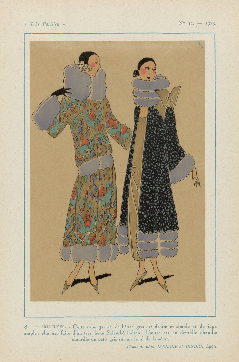 Very Parisian, 1923, No 11: 8. - FRILEUSES. - Denne kjolen trimmet med grå hare... av Anonymous