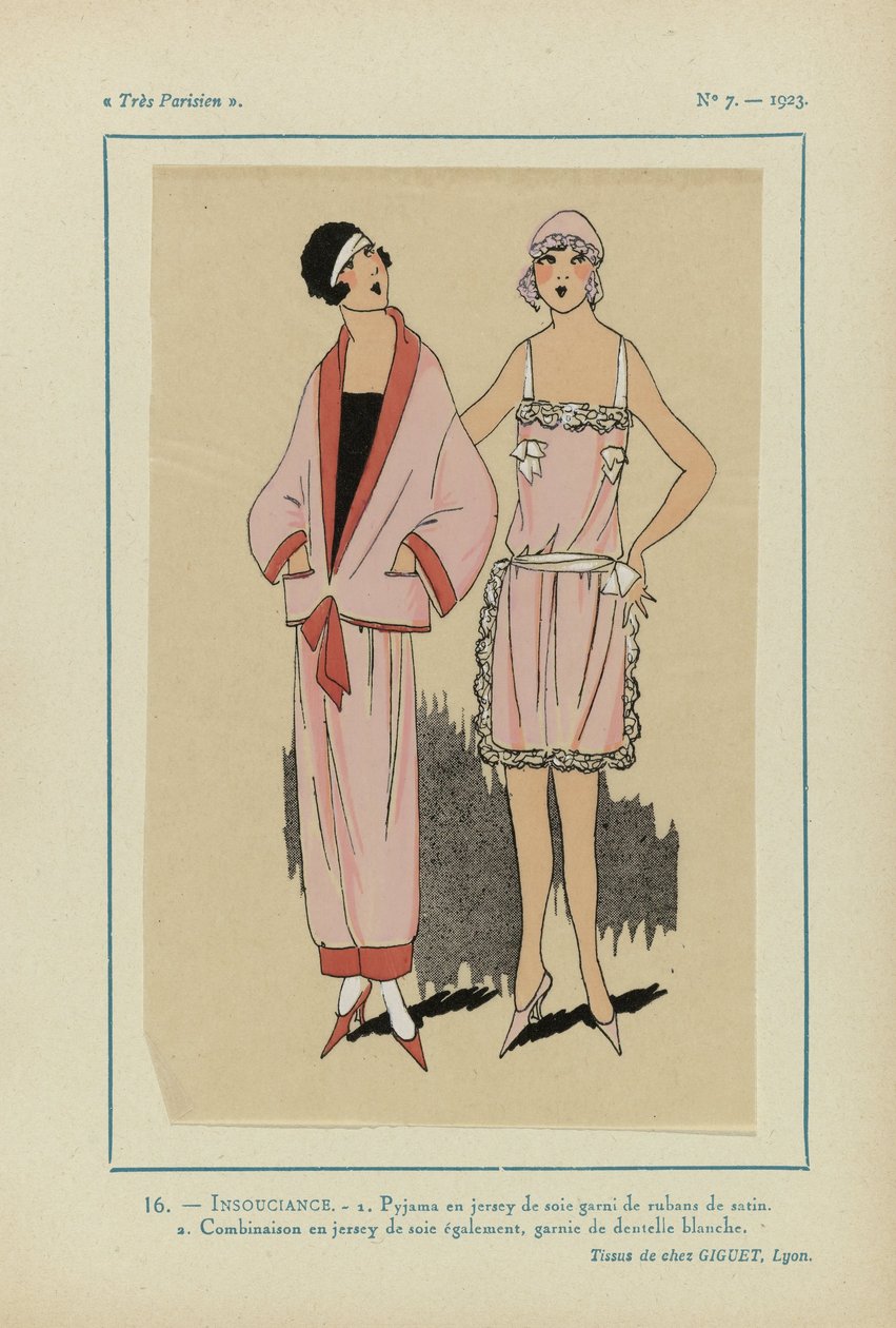 Meget parisisk, 1923, nr. 7: 16.- FORSIKTIGHET. - 1. Pysjamas i silkejersey... av Anonymous
