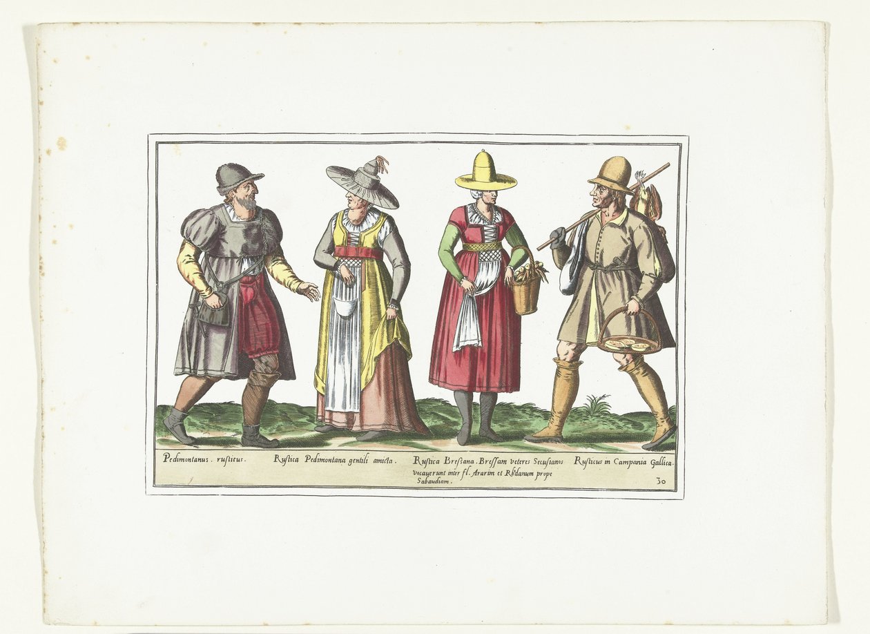 To bønder og to bondekvinner kledd i italiensk mote, ca. 1580 Kostymer Italiens (tittel på objekt) av Anonymous