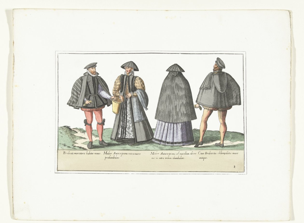 To menn og to kvinner kledde seg etter moten i Antwerpen og Brabant, ca. 1580 Costumes civils des Pays-Bas (tittel på objekt) av Anonymous
