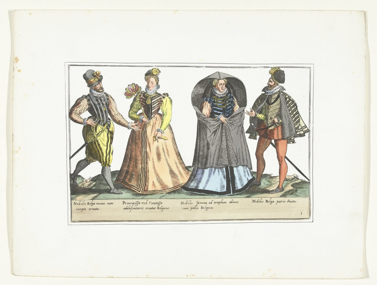 To menn og to kvinner kledde seg etter moten i Nederland, ca. 1580 Costumes civils des Pays-Bas (tittel på objekt) av Anonymous