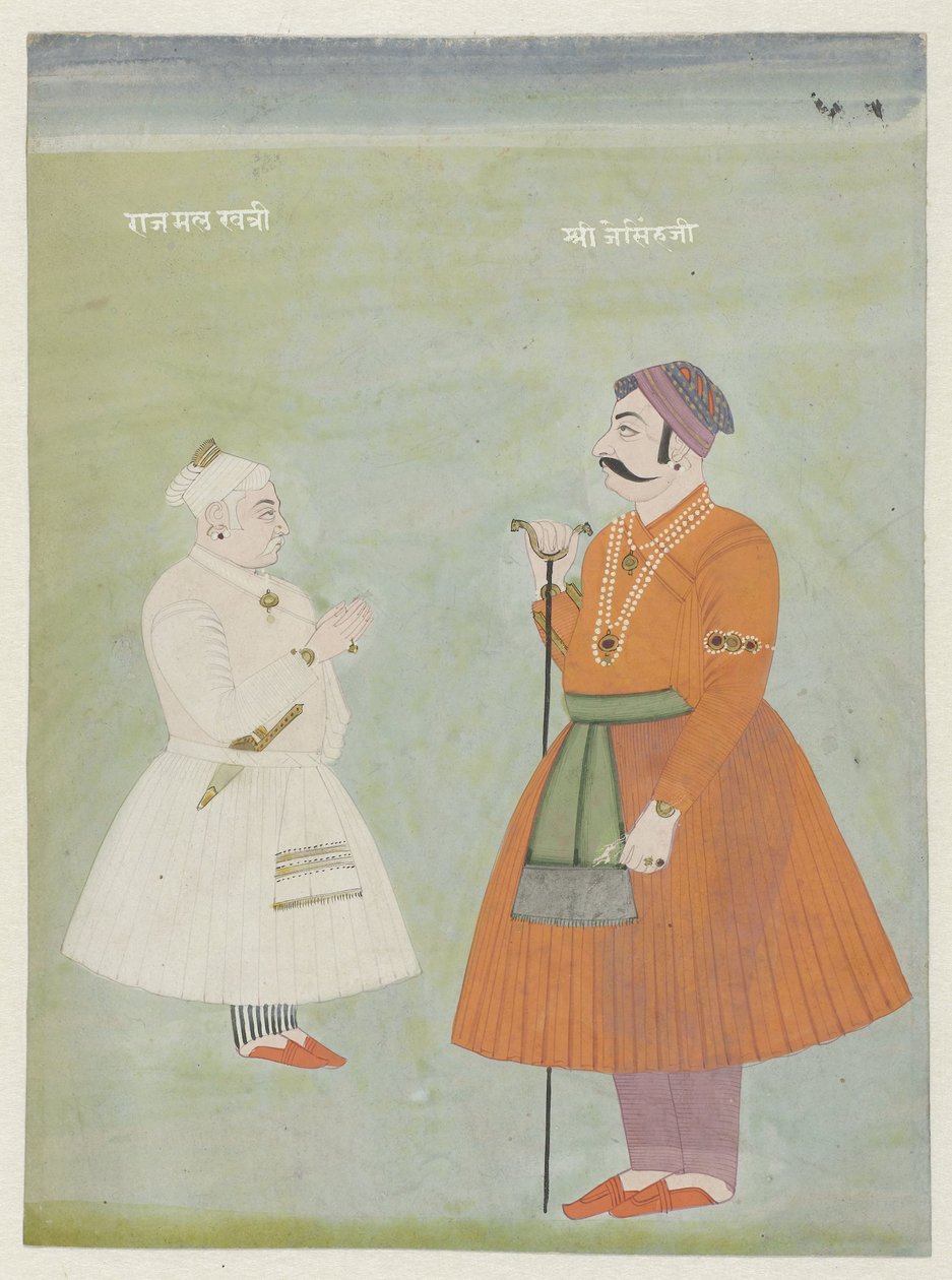 To stående adelsmenn i Mughal-drakt med navnene deres over seg av Anonymous