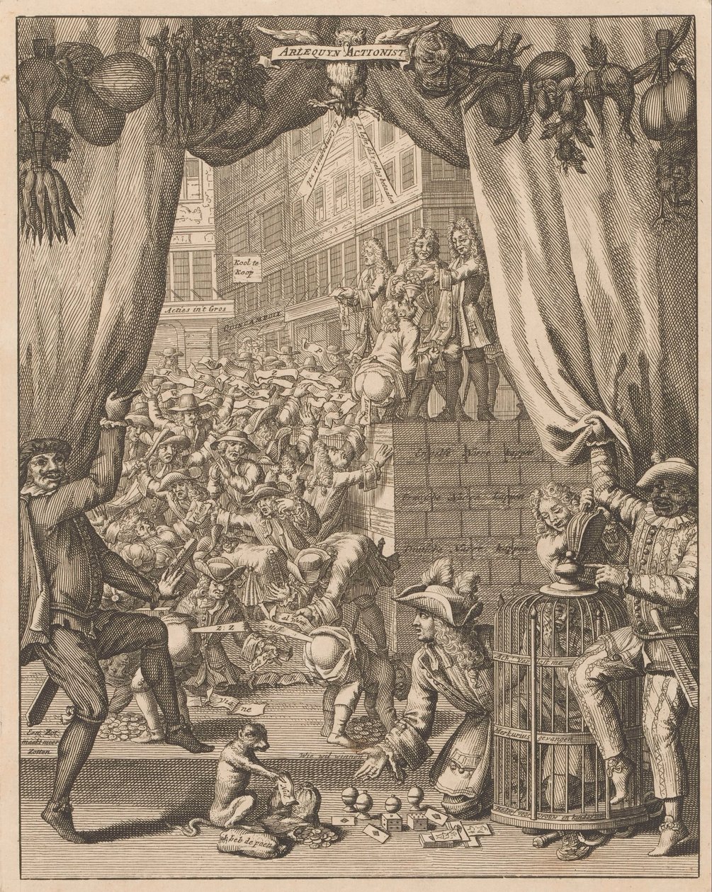 Forklaring av platen Harlequin Actionist, 1720 Arlequyn Actionist (tittel på objekt) Forklaring av Tytelplaat, for Arlequyn Actionist (tittel på objekt) The Great Scene of Folly (serietittel) av Anonymous