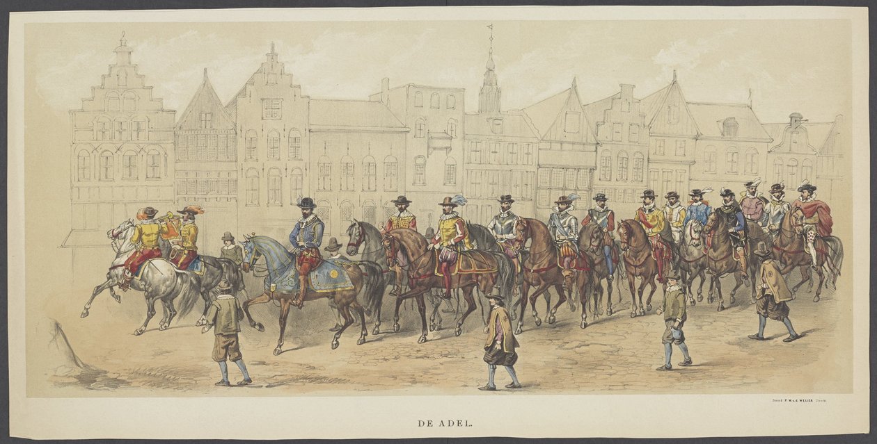 Utrecht maskerade, plate a: adelen, 1856 Adelen. (tittel på objekt) Grunnleggerne av nederlandsk frihet, (tid til William I) presentert av H.H. medlemmer av Utrecht studentkorps, i feiringen av 220-årsjubileet for Utrechtsche Hooge av Anonymous