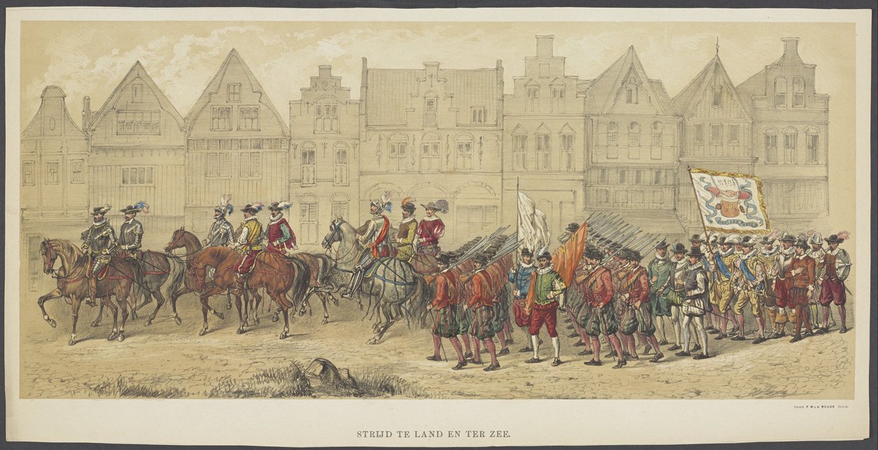 Utrecht Masquerade, plate b: kamp på land og til sjøs, 1856 Kamp på land og sjø (tittel på objekt) Grunnleggerne av nederlandsk frihet, (tid til William I) presentert av H.H. medlemmer av Utrecht studentkorps, for å feire de 220 av Anonymous
