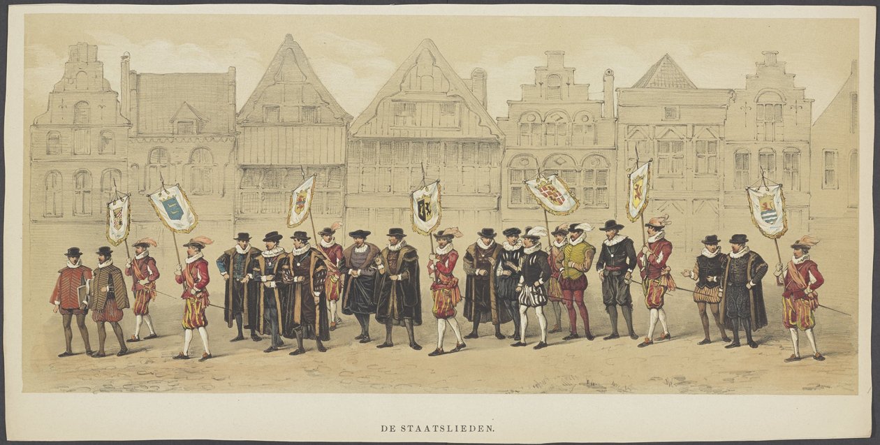 Utrecht Masquerade, plate c: Statsmenn, 1856 The Statesmen (tittel på objekt) Grunnleggerne av nederlandsk frihet, (tid til William I) presentert av H.H. medlemmer av Utrecht studentkorps, i feiringen av 220-årsjubileet for Utrecht University av Anonymous