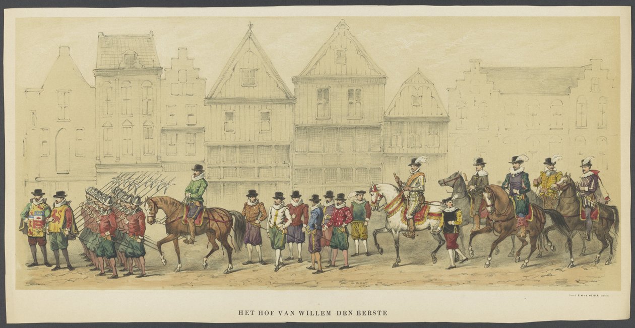 Utrecht maskerade, plate d: hoffet, 1856 Court of William the First (tittel på objekt) Grunnleggerne av nederlandsk frihet, (tid til William I) presentert av H.H. medlemmer av Utrecht studentkorps, i feiringen av 220-årsjubileet av Anonymous