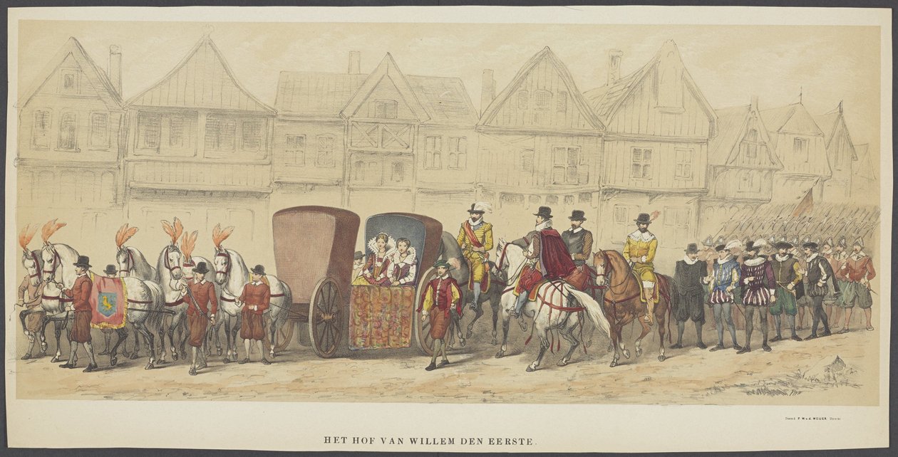 Utrecht maskerade, plate e: retten, 1856 Court of William the First (tittel på objekt) Grunnleggerne av nederlandsk frihet, (tid til William I) presentert av H.H. medlemmer av Utrecht studentkorps, i feiringen av 220-årsjubileet av Anonymous