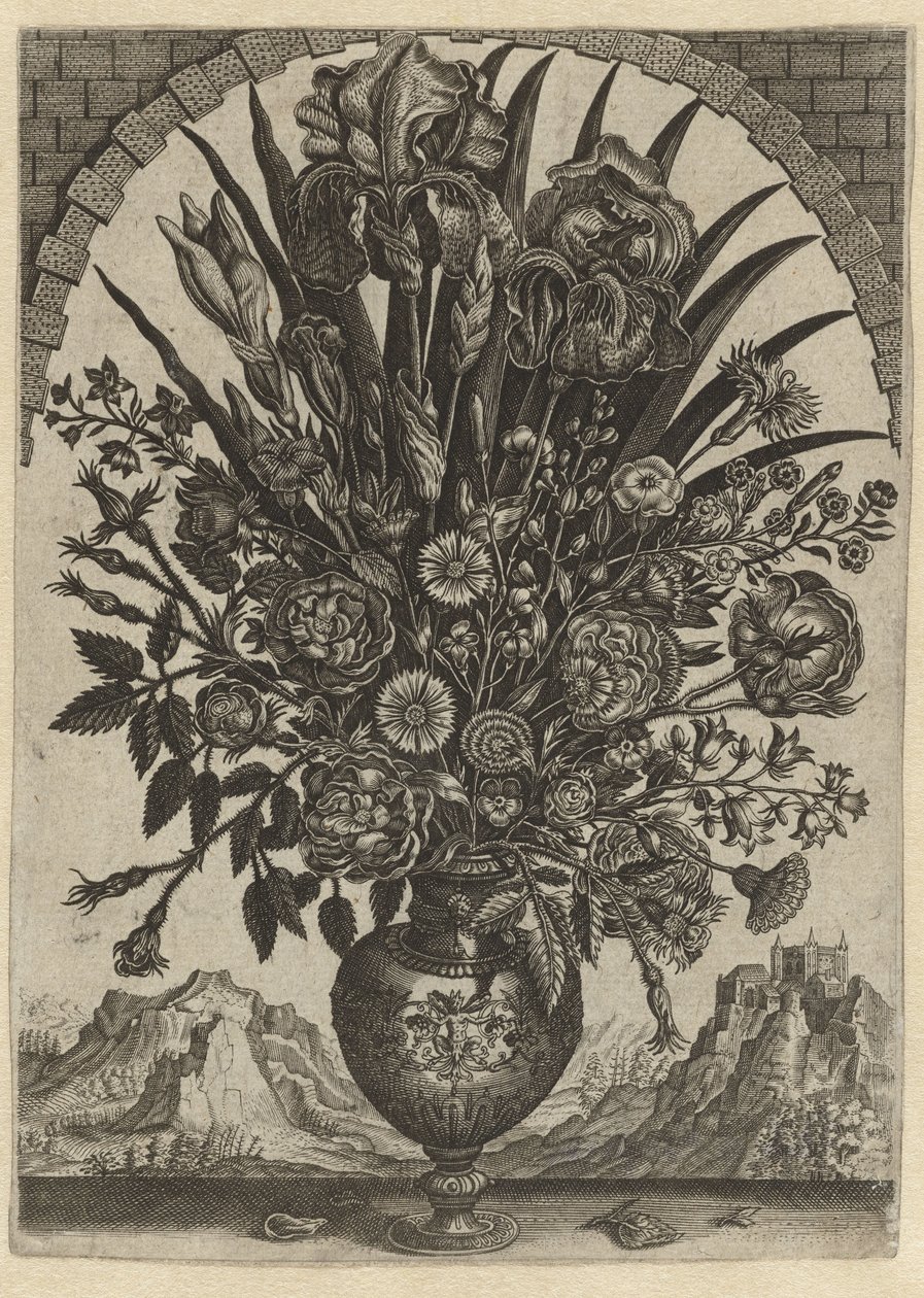 Vase med blomster i et buet vindu av Anonymous