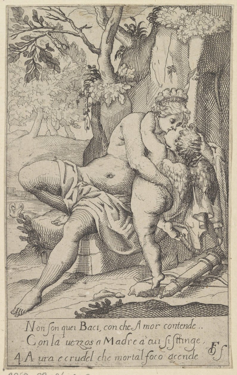 Venus kysser Amor Scener med Venus og Amor (kopier) (serietittel) Scherzi d'amore (serietittel på objekt) av Anonymous