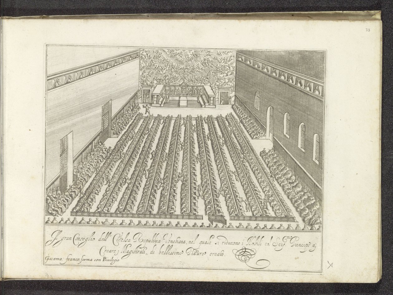 Vergadering in de Sala del Maggior Consiglio Scènes uit het Venetiaanse leven (serietittel) Habiti d'Huomeni og venetianske kvinner med prosesjonen til Ser.ma Signoria og andre detaljer, f.eks. triumfer, fester og offentlige seremonier i den mest edle  av Anonymous
