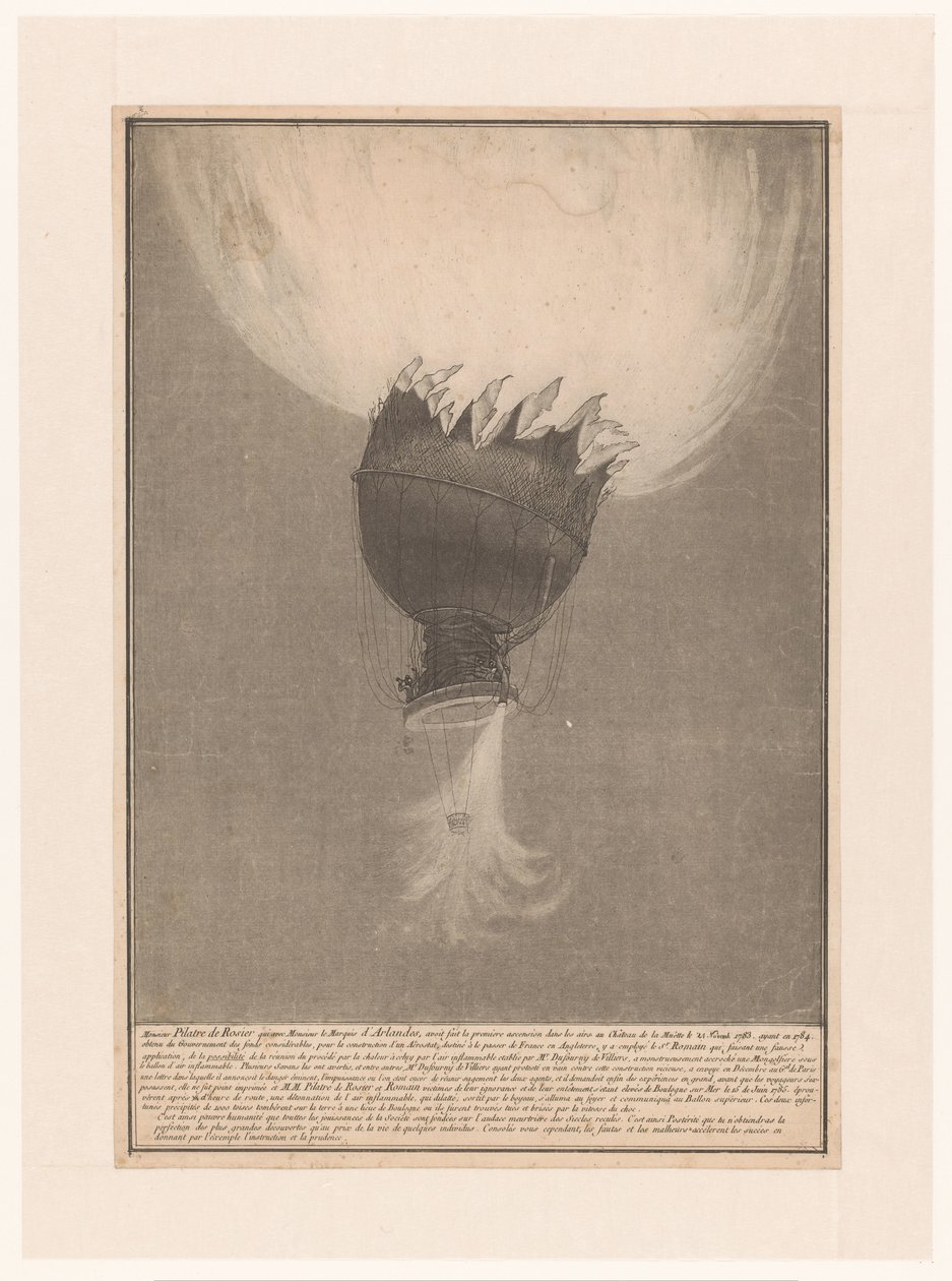 Verongelukken van de luchtballon van Pilatre de Rozier en Romain boven Boulogne, 15. juni 1785 Himmelfart ødelagt av Pilatre de Rosier og Romain, ved Château de la Muette 21. november 1783, etter å ha fått betydelige midler fra regjeringen i 1784 av Anonymous