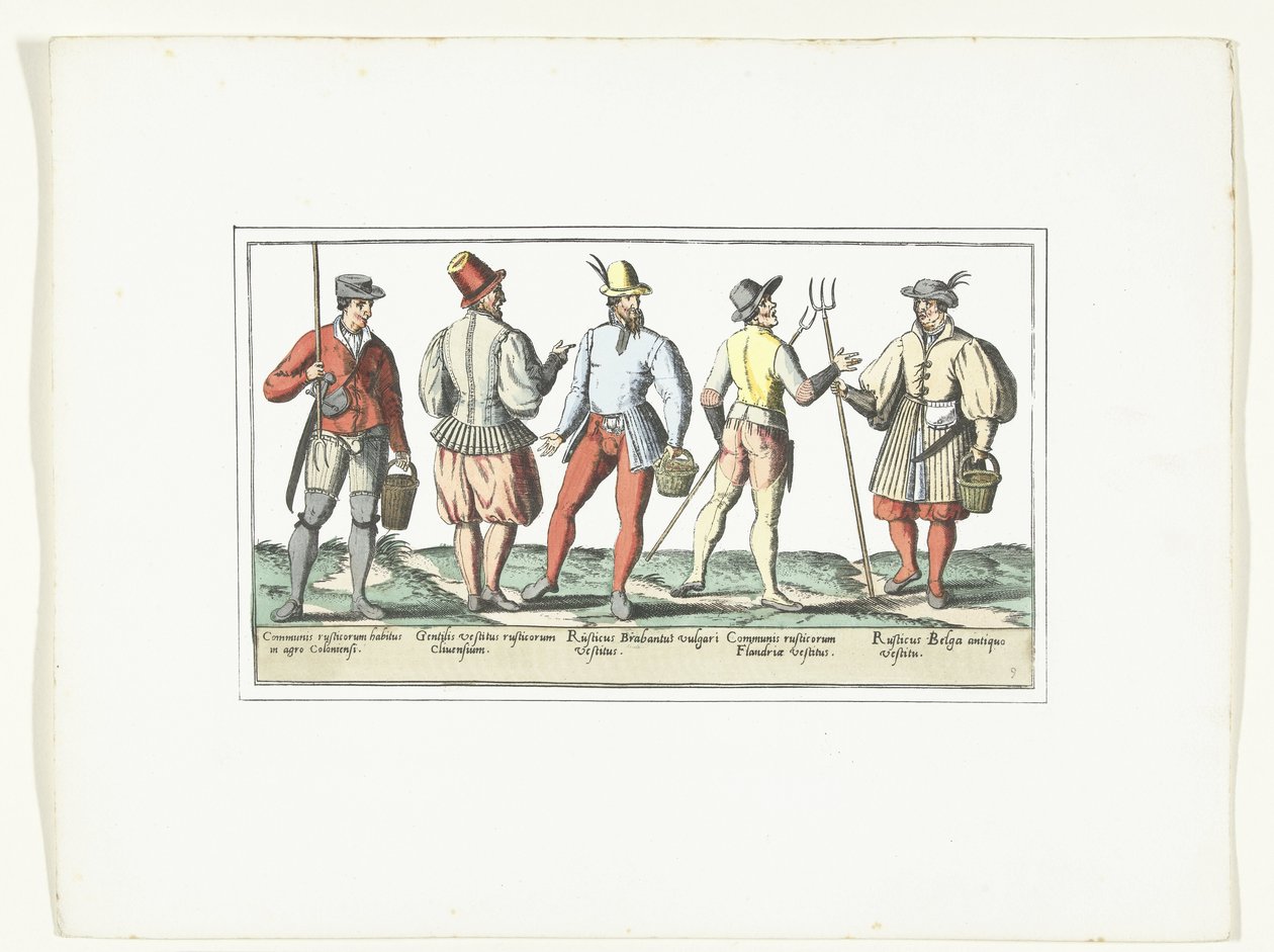 Fire bønder kledd etter dagens mote og en etter gammel mote, ca. 1580 Modes rustiques (tittel på objekt) av Anonymous