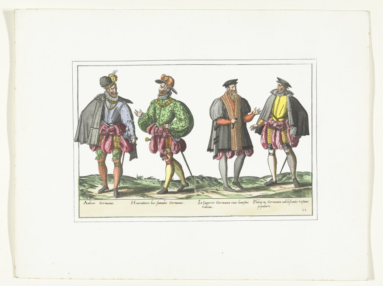Fire menn kledd i tysk mote, ca. 1580 Kostymer Allemands (tittel på objekt) av Anonymous