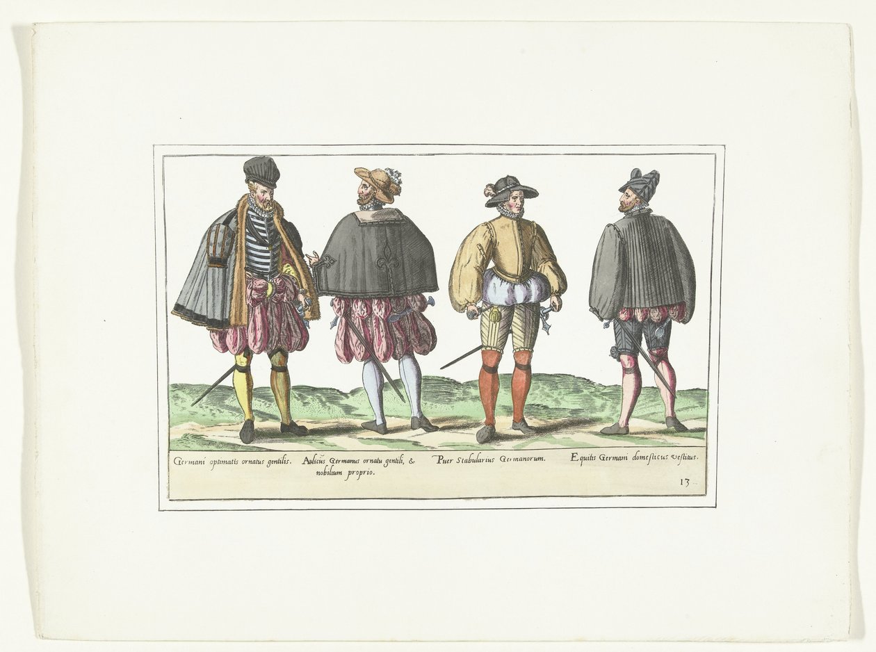 Fire menn kledd i tysk mote, ca. 1580 Kostymer Allemands (tittel på objekt) av Anonymous