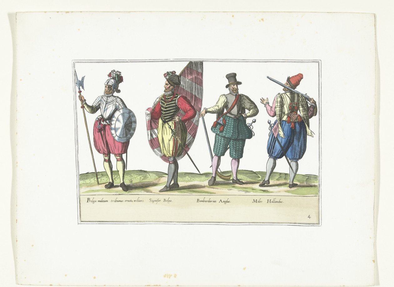 Fire soldater i uniformer etter mote i Nederland og England, ca 1580 Costumes Militaires des Pays-Bas (tittel på objekt) av Anonymous