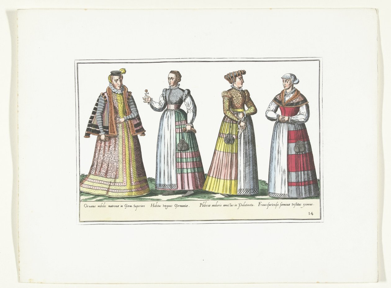 Fire kvinner kledd i tysk mote, ca. 1580 Kostymer Allemands (tittel på objekt) av Anonymous