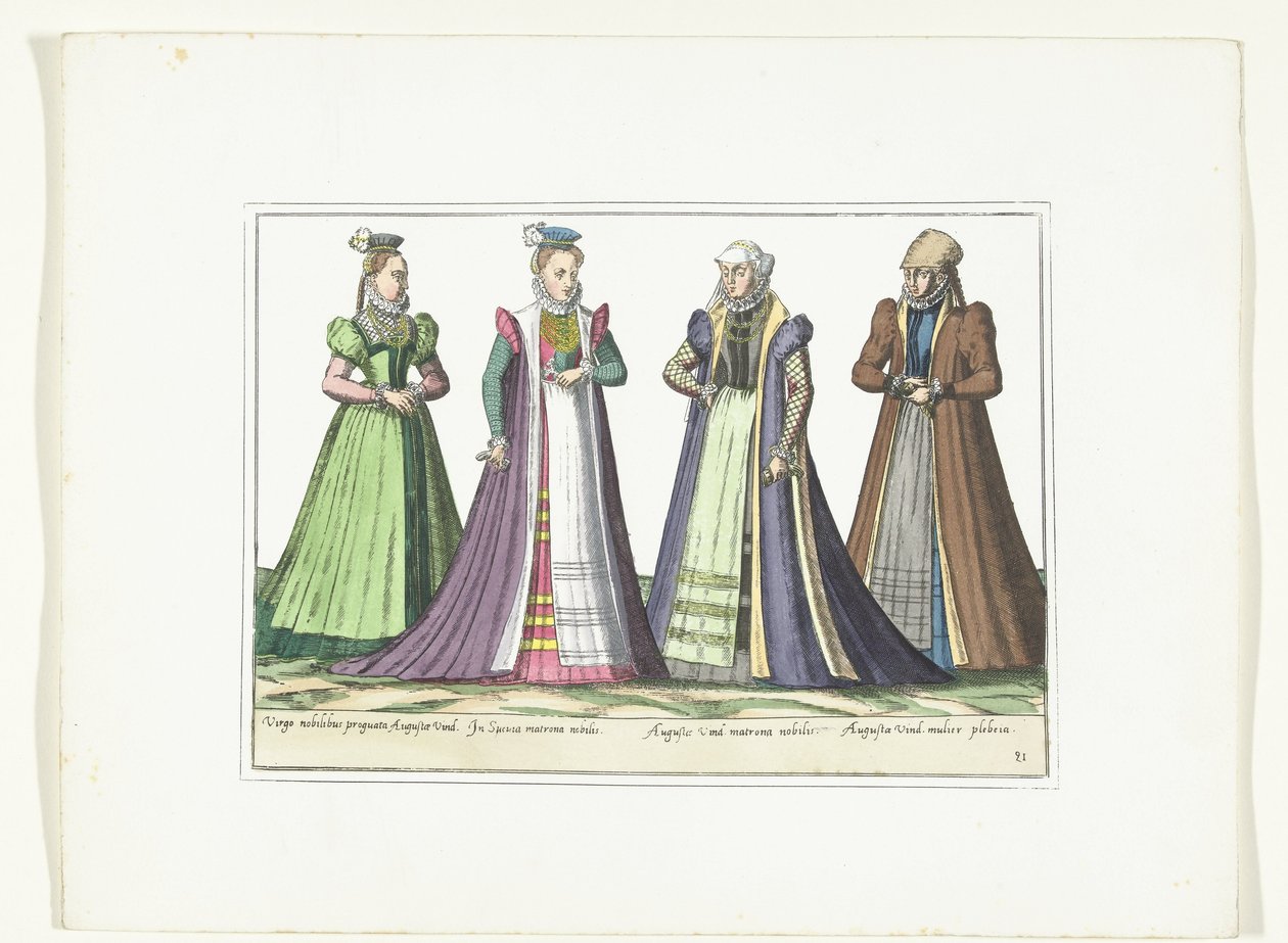 Fire kvinner kledd i tysk mote i Augsburg, ca. 1580 Kostymer Allemands (tittel på objekt) av Anonymous