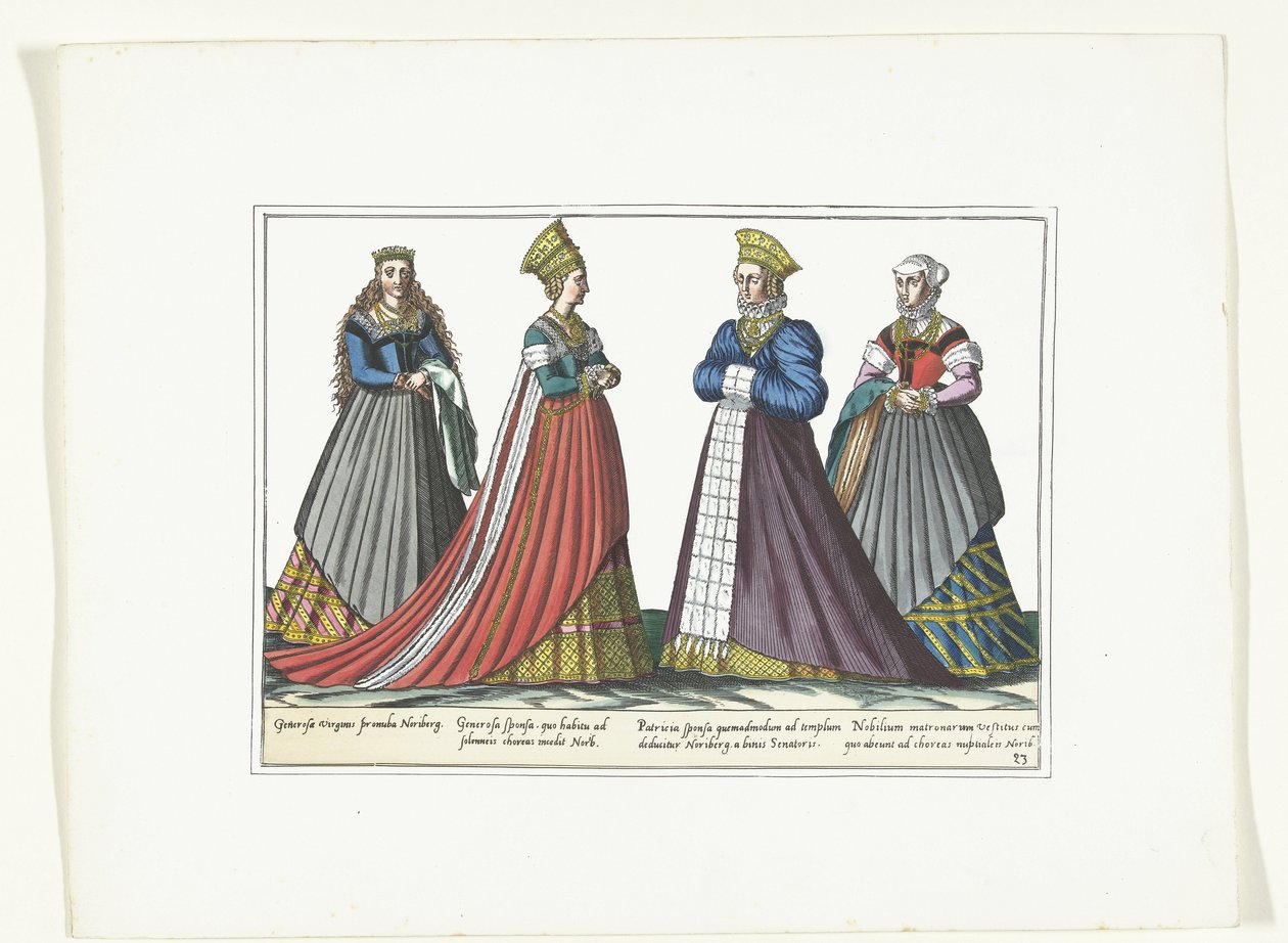 Fire kvinner kledd etter tysk mote i Nürnberg, ca. 1580 Costumes Allemands (tittel på objekt) av Anonymous