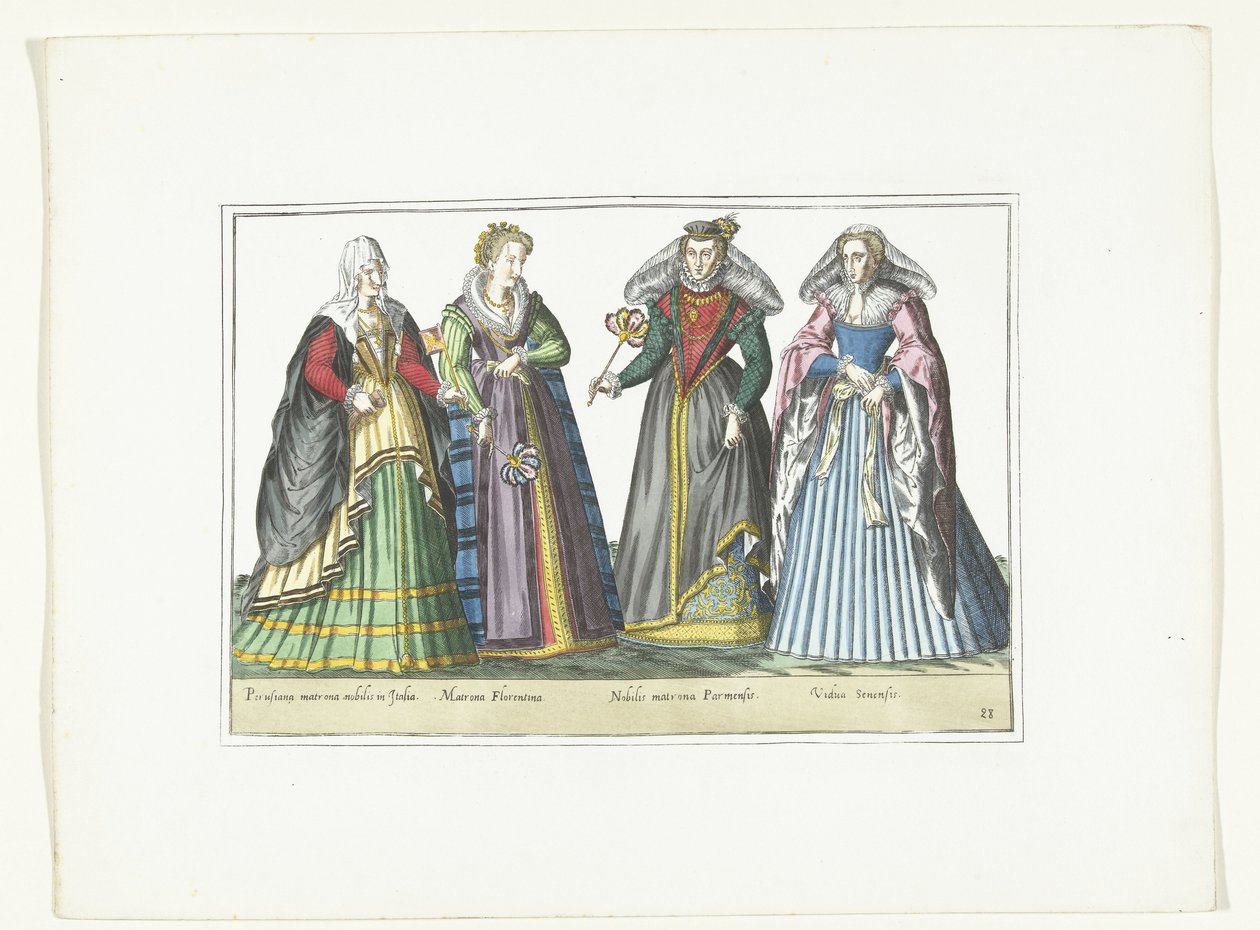 Fire kvinner kledd i italiensk mote, ca. 1580 Kostymer Italiens (tittel på objekt) av Anonymous