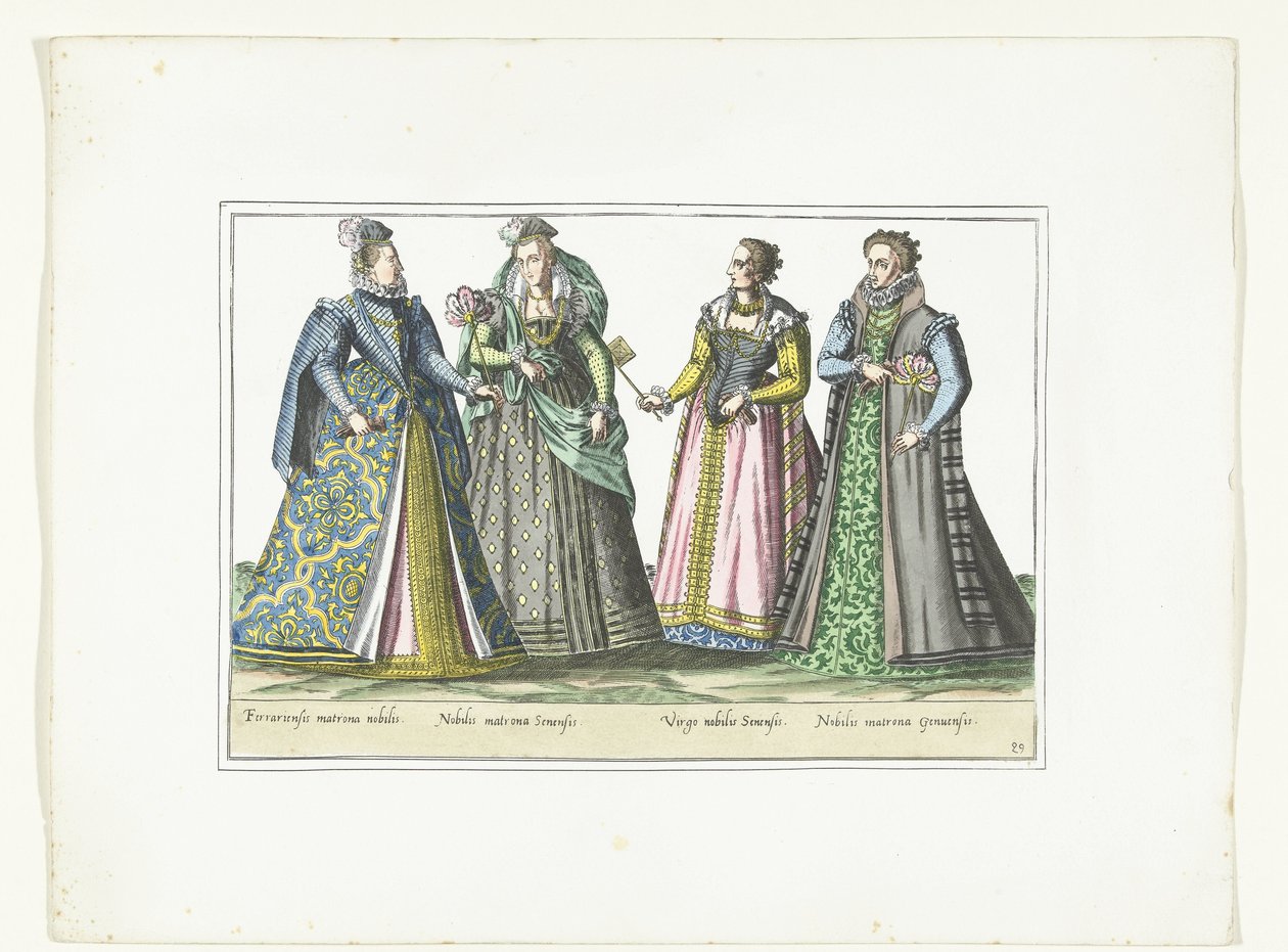 Fire kvinner kledd i italiensk mote, ca. 1580 Kostymer Italiens (tittel på objekt) av Anonymous