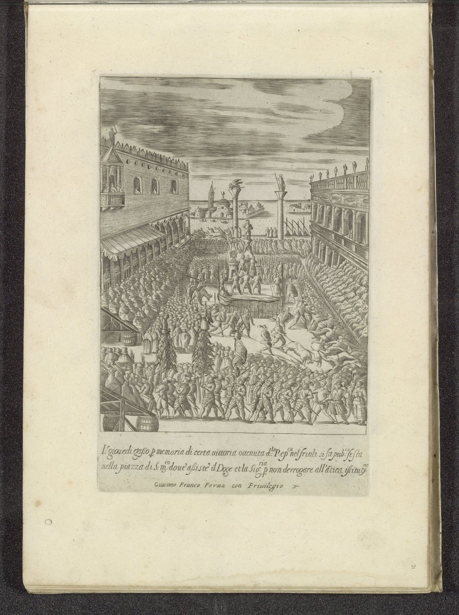 Viering van Vette torsdag på Piazzetta te Venetië Scènes uit het Venetiaanse leven (serietittel) Habiti d'Huomeni og venetianske kvinner med prosesjonen til Ser.ma Signoria Og andre detaljer, f.eks. triumferfester og offentlige seremonier til adelen av Anonymous