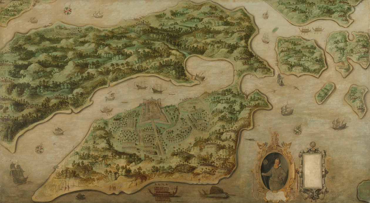Utsikt over Ambon Fugleperspektiv av Ambon, med et portrett av Frederik Houtman (1571-1627) i en kartusj av Anonymous