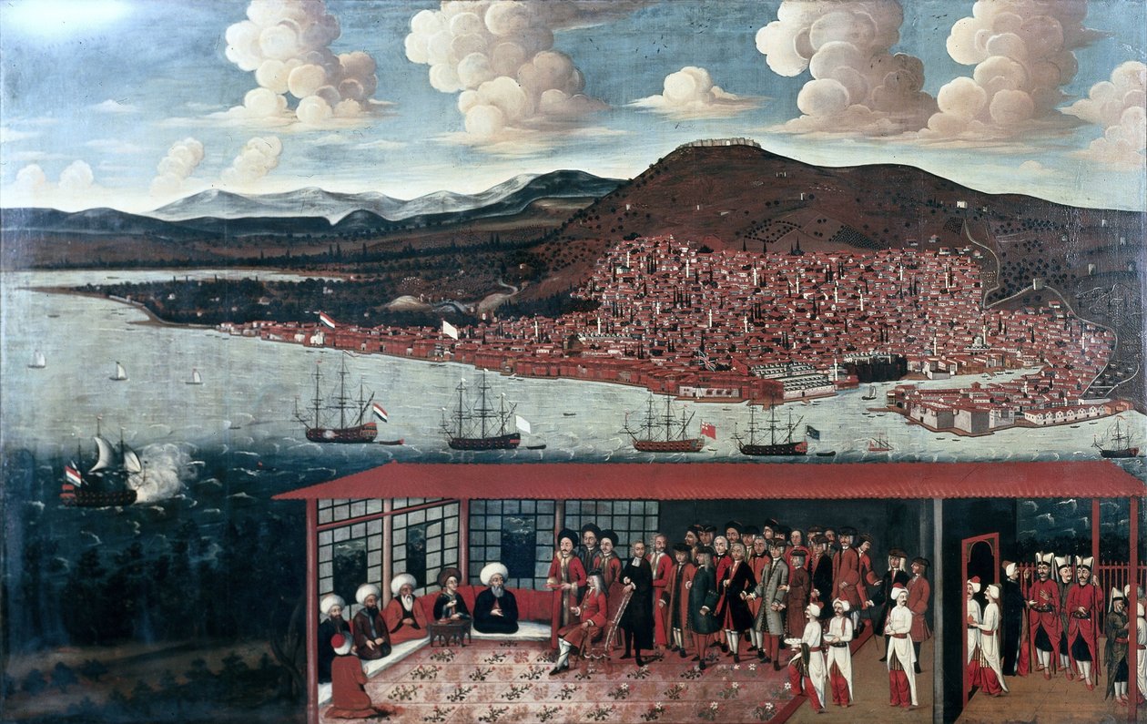 Utsikt over Smyrna (Izmir) og mottakelsen gitt til konsul de Hochepied (1657-1723) i rådssalen av Anonymous