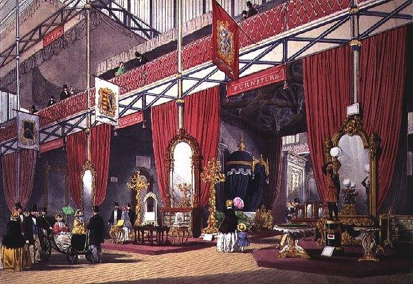 Utsikt over møbeldelen av den store utstillingen, 1851 (fargetrykk) av Anonymous