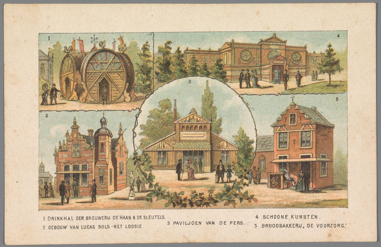 Fem paviljonger på verdensutstillingen i Amsterdam, 1883 1 Drikkehall til De Haan & De Sleutels bryggeriet. 2 Lucas Bols