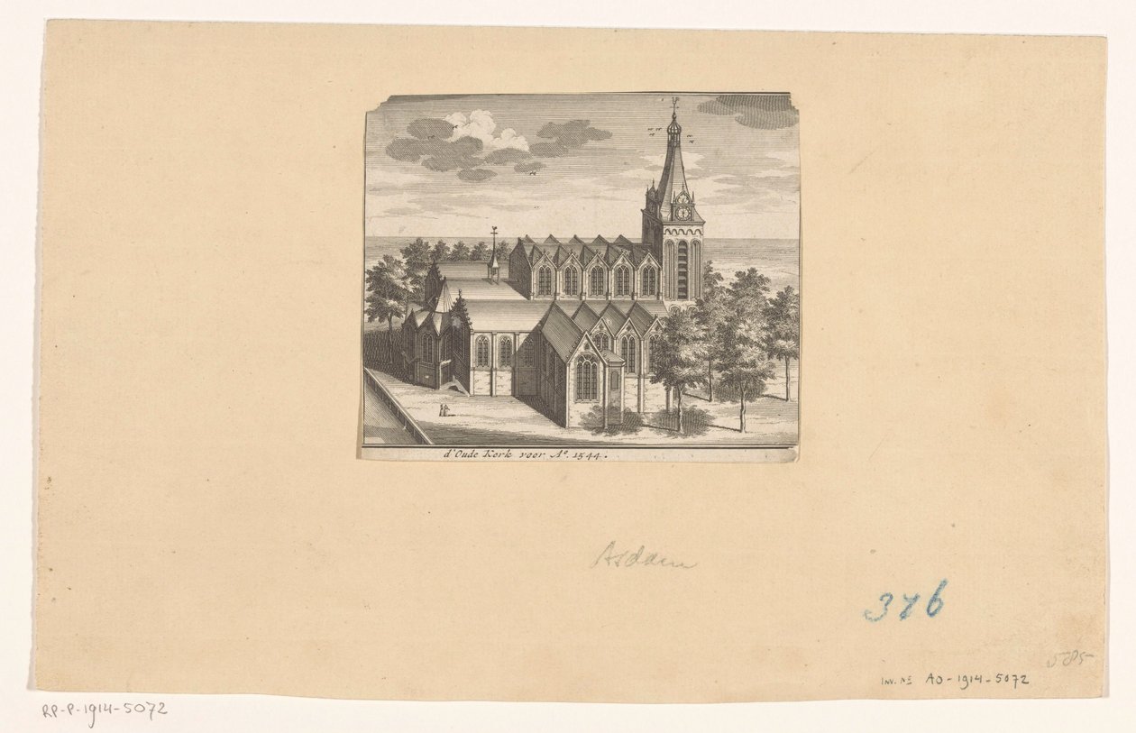 Fugleperspektiv av Oude Kerk i Amsterdam, før 1544 d