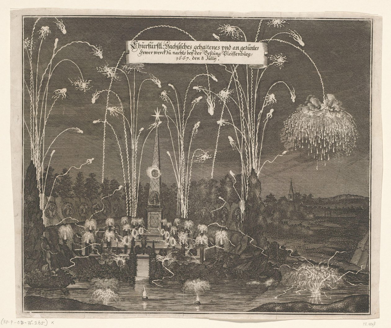 Fyrverkeri ved Pleißenburg, 8. juli 1667 Churfürstl: Sachsisches gehaltenes und an gezentes Fewer werck zu nachts beij festningen Pleissenburg, 1667, 8. juli (tittel på objekt) av Anonymous