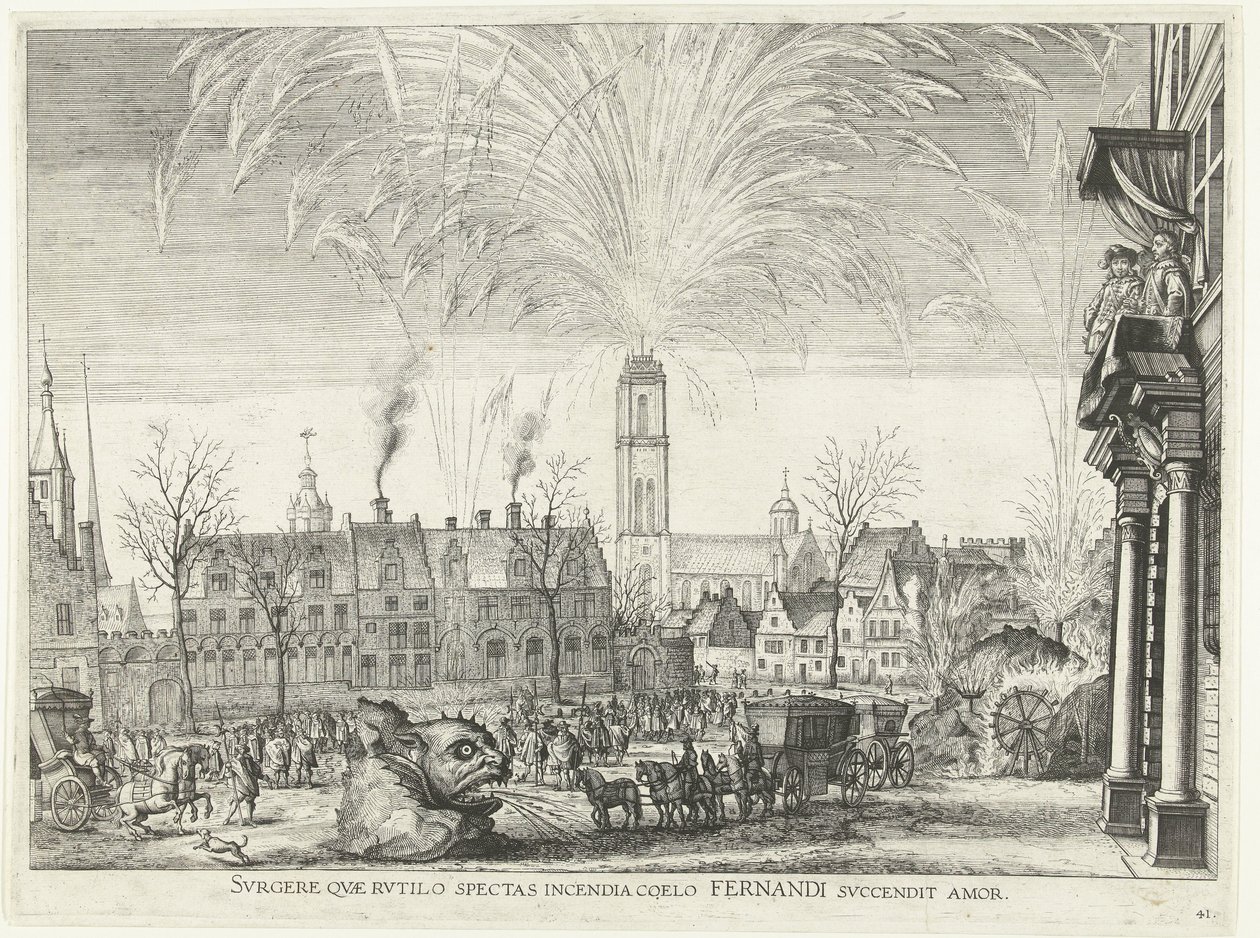 Vuurwerk; intocht van Ferdinand te Gent i 1635 (nr. 41) Reis deg opp, som du ser på den brennende ilden på himmelen Fernandis kjærlighet antennes (tittel på objekt) Et bilde av nattbrannene i Hippodromen og tårnet av Anonymous