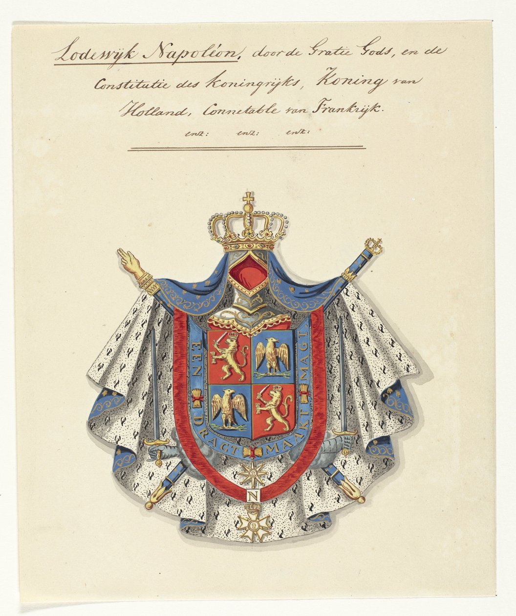 Våpenskjold til Louis Napoleon Bonaparte, konge av Holland Louis Napoleon, ved Guds nåde, og kongerikets grunnlov, konge av Holland, Connectable av Frankrike (tittel på objekt) av Anonymous