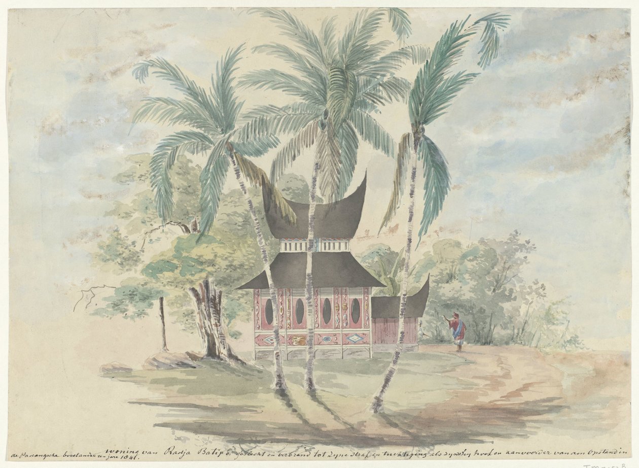 Huset til Radja Batipo, revet og brent til hans straff og tukt som leder og leder av opprøret i Padangsche Bovenlanden i år 1841 (tittel på objekt) av Anonymous
