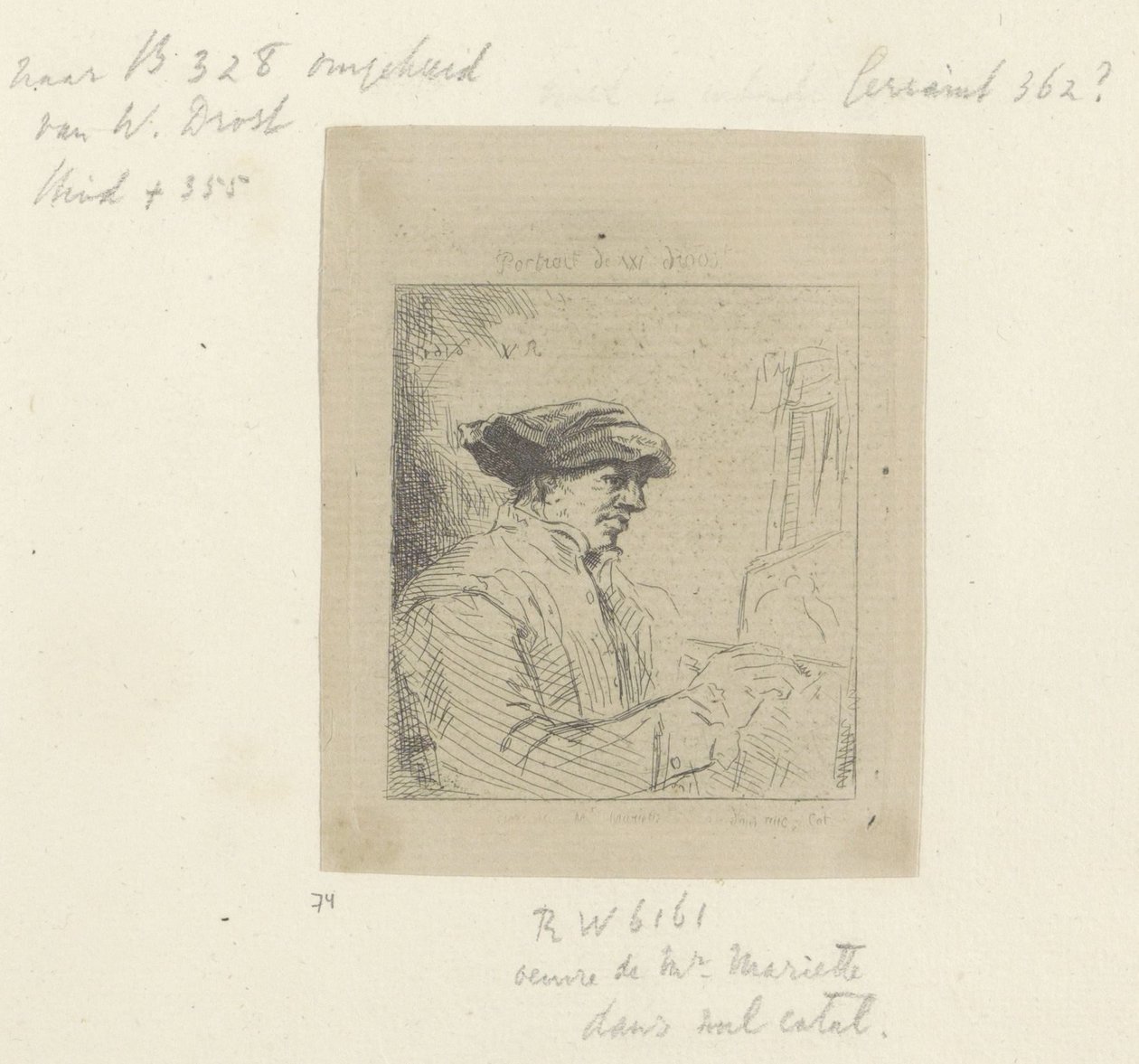 Selvportrett av Willem Drost foran eselet Recueil de quatre-vingt-cinq estampes originales (serietittel) av Anonymous