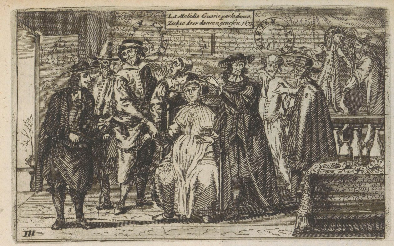 Curing Disease by Dancing, 1673 La Maladie Guarie par la dance / Kuring av sykdom gjennom dans. 1673 (tittel på objekt) av Anonymous