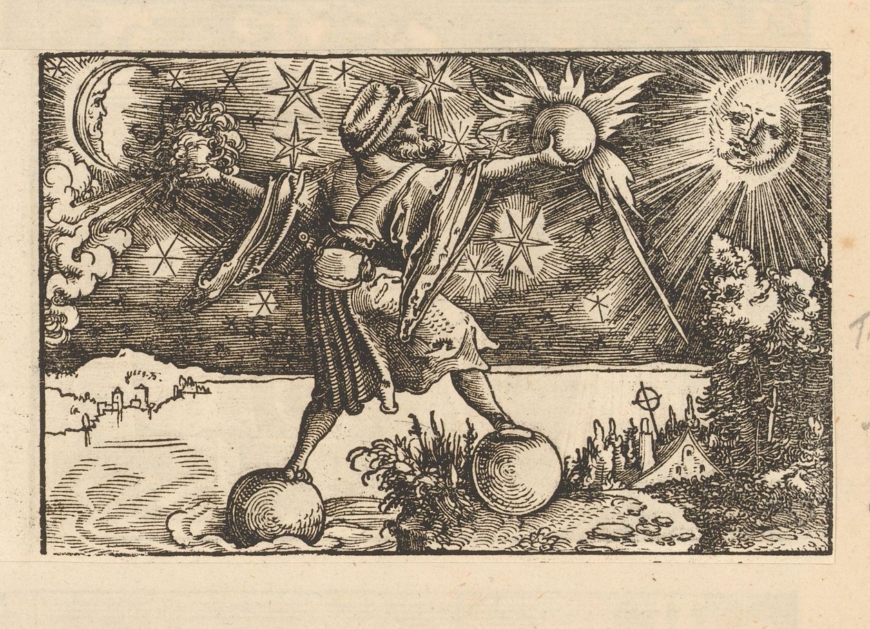 Sol og måne og en mann som balanserer de fire elementene av Anonymous