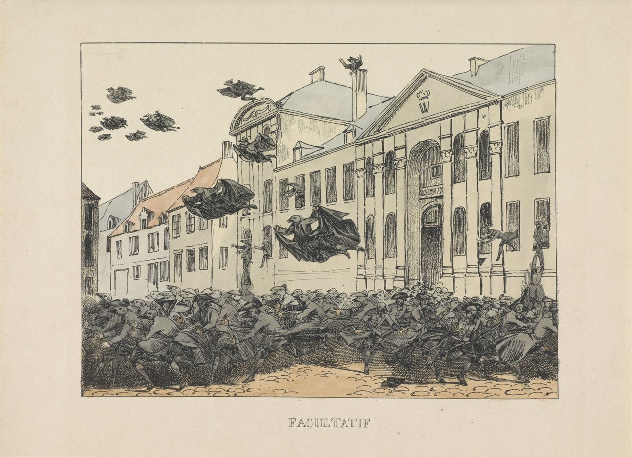 Svarte ravner flykter fra Collegium Philosophicum, 1829 Valgfritt (tittel på objekt) av Anonymous
