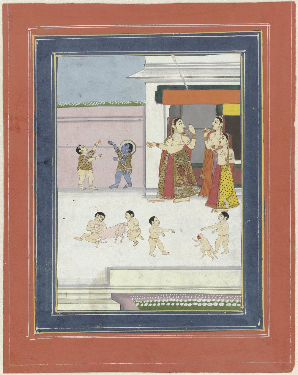 tre kvinner og barn som leker med Krishna av Anonymous