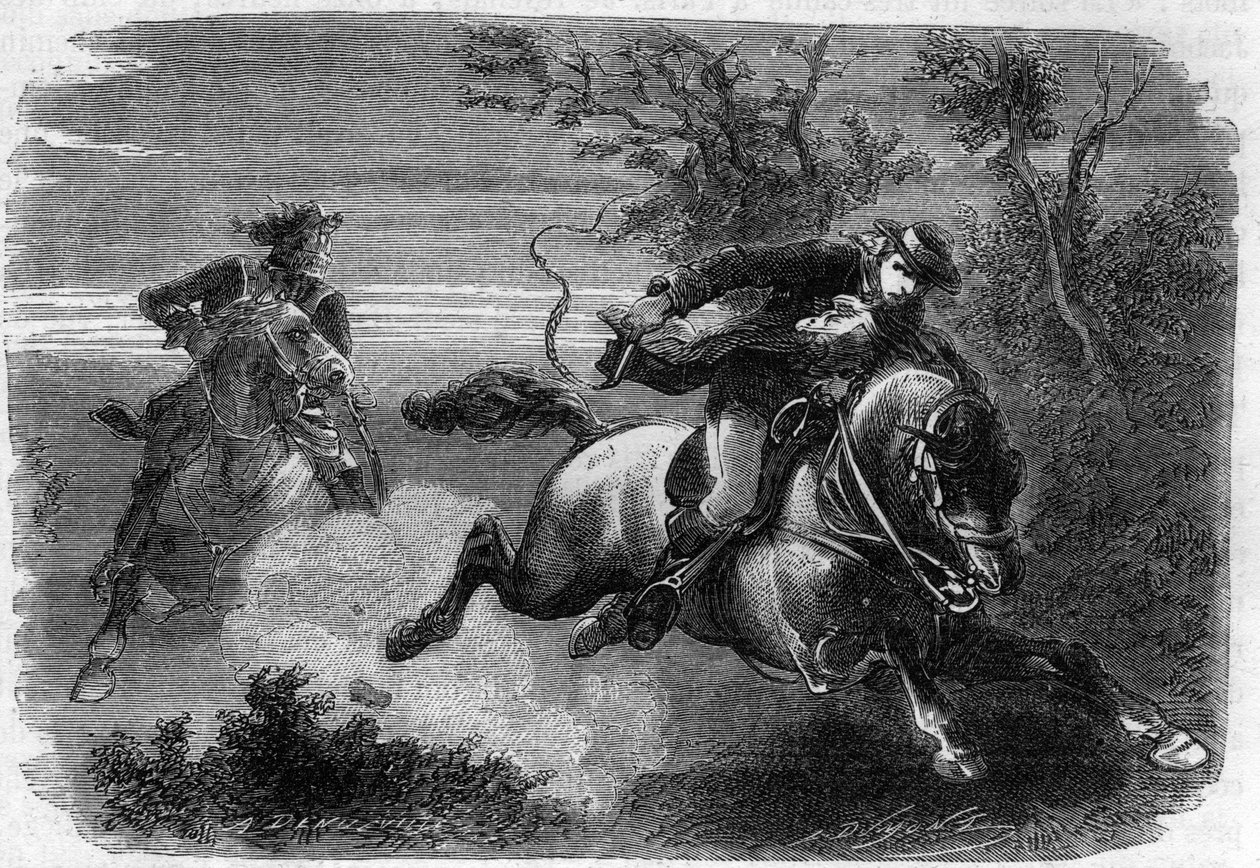 21. juni 1791 - Jean-Baptiste Drouet (Jean Baptiste Drouet) med sin venn Jean-Chrisosthome Guillaume på vei mot Varennes for å finne spor etter kong Louis XVI - Gravering i "Histoire des Girondins"" av Alphonse de Lamartine (1790-1869-) 1865-) 1866. Privat av Anonymous Anonymous