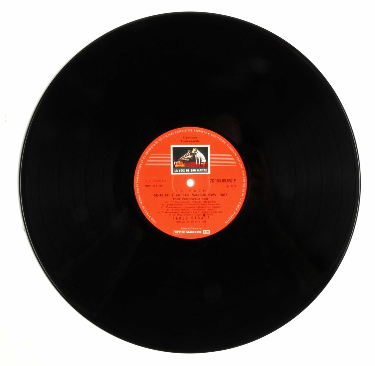 33 round disc (vinyl record) of the brand “EMI the voice of his master”” by Pablo Casals interpreting the 6 cello suite by Jean Sebastien Bach (Johann Sebastian Bach av Anonymous Anonymous