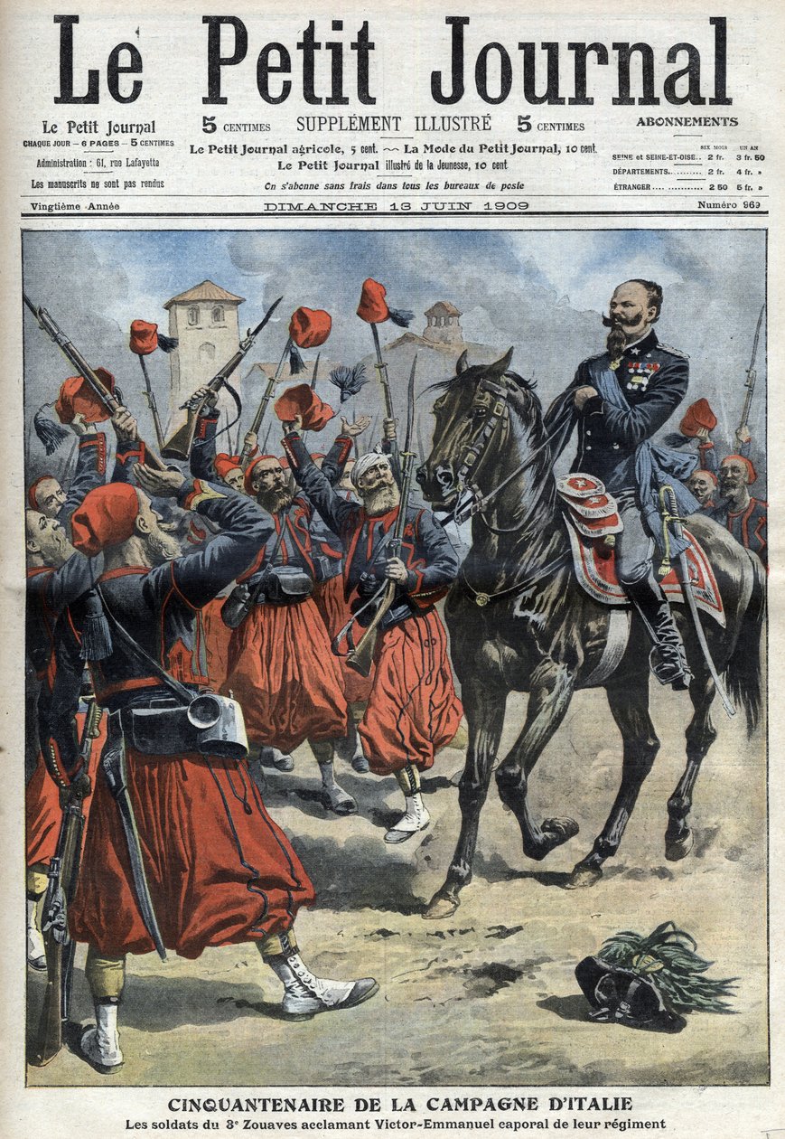 50-årsjubileet for den italienske kampanjen: soldatene fra det tredje regimentet av Zouaves heier på kong Victor Emmanuel III (Victor Emmanuel, Vittorio Emanuele 3) utnevnt til korporal for deres regiment etter slaget ved Palestro - "The Petity Journal" av av Anonymous Anonymous