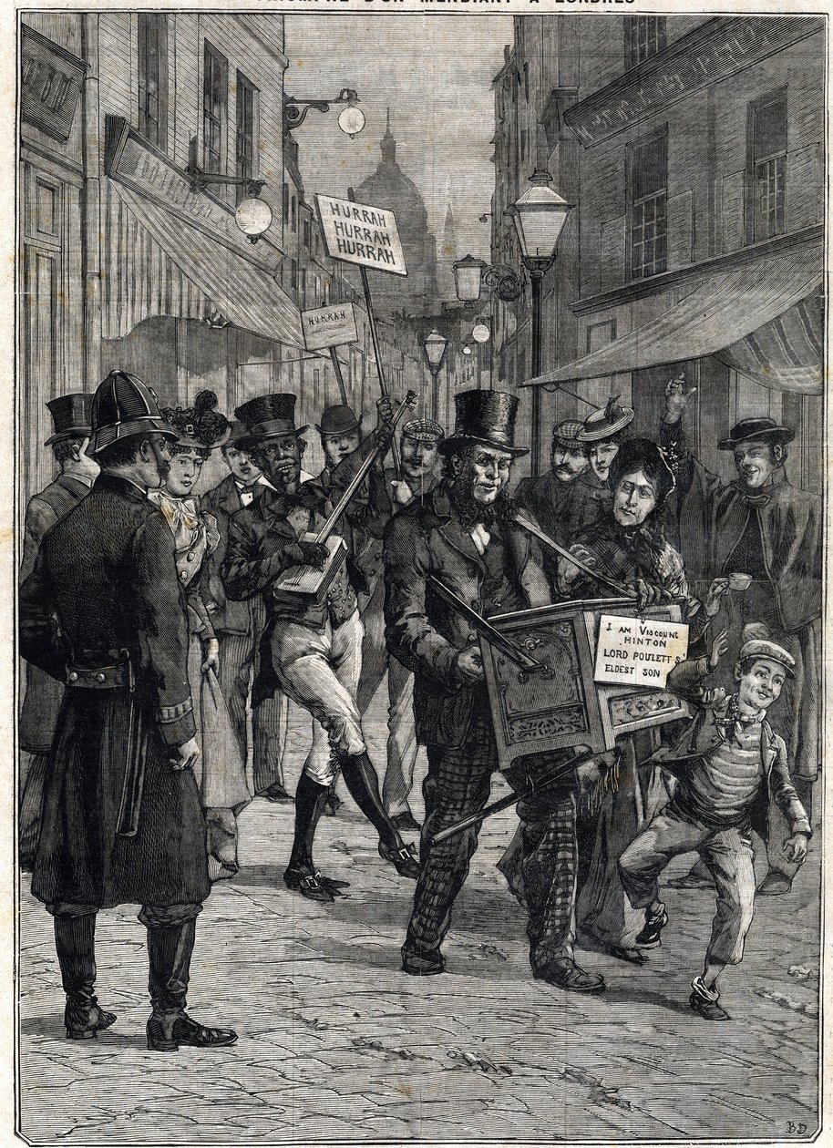En tigger kalt Viscount Hinton, en barbarisk orgelspiller i Londons gater, ble millionær etter faren Lord Pouletts død, som leide ham formuen hans. Gravering. I "" Le Petite Parisien"", 12.02.1899. Privat samling. av Anonymous Anonymous
