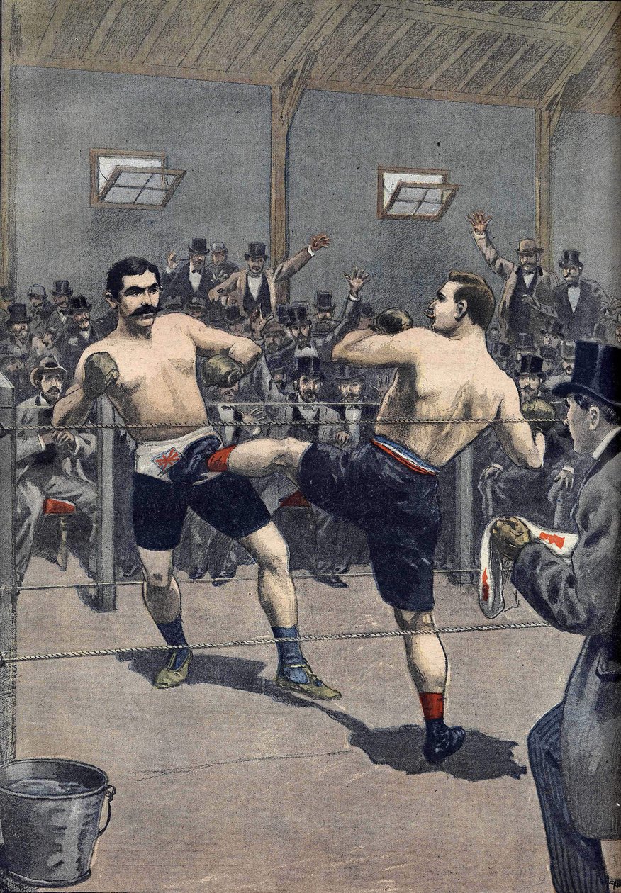 Et bokseangrep: seier til den franske mesteren Joseph Charlemont (1839-1918) mot Jerry Driscoll med teknikken "savate""" i Le Petit Journal 1899 av Anonymous Anonymous