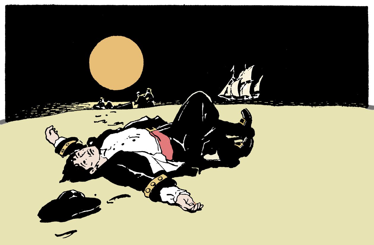 En kaptein drept av pirater blir forlatt på en øy, piratskipet beveger seg bort i horisonten Illustrasjon fra "The Boys Books of Pirates"" 1913 av Anonymous Anonymous