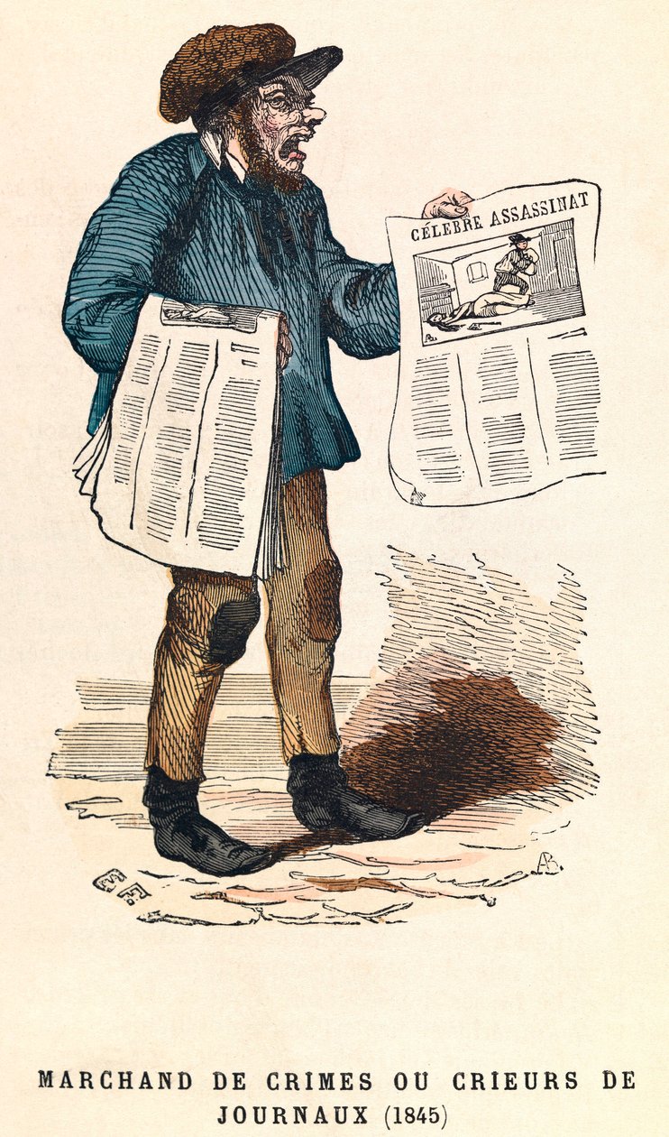 En roper av aviser i 1845, gravering, privat samling - Avisselger i Paris av Anonymous Anonymous