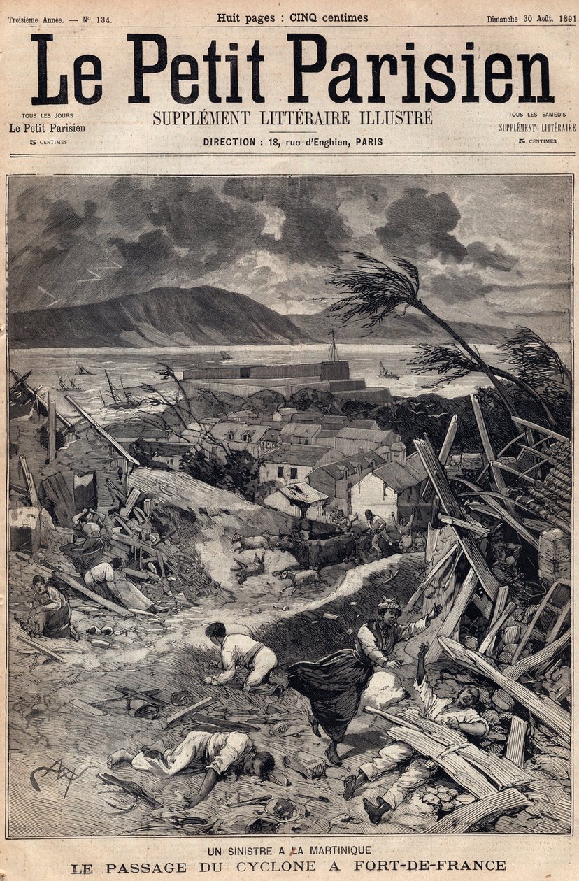 En katastrofe på Martinique: syklonens passasje ved Fort-de-France (Fort de France) i 1891. Gravering i "" Le petit Parisien"" fra august 1891. Privat samling. av Anonymous Anonymous