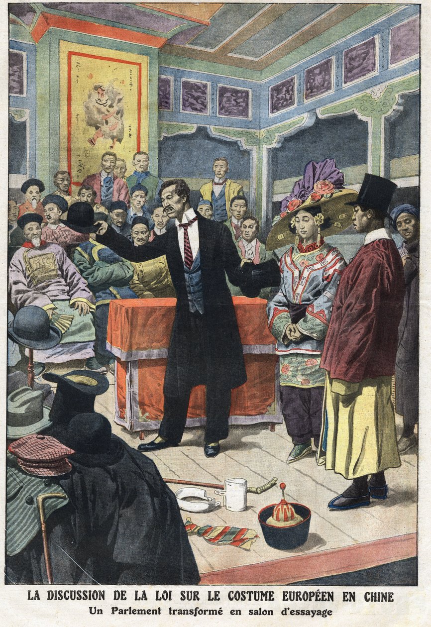 En diskusjonsøkt i det kinesiske parlamentet om den nye loven om europeiske klær i Kina, presenterer en av parlamentarikerne en vestlig kostyme, med topphatter og melon. Illustrasjon hentet fra "" Le Petite Journal"" 15/09/1912 Privat samling. av Anonymous Anonymous